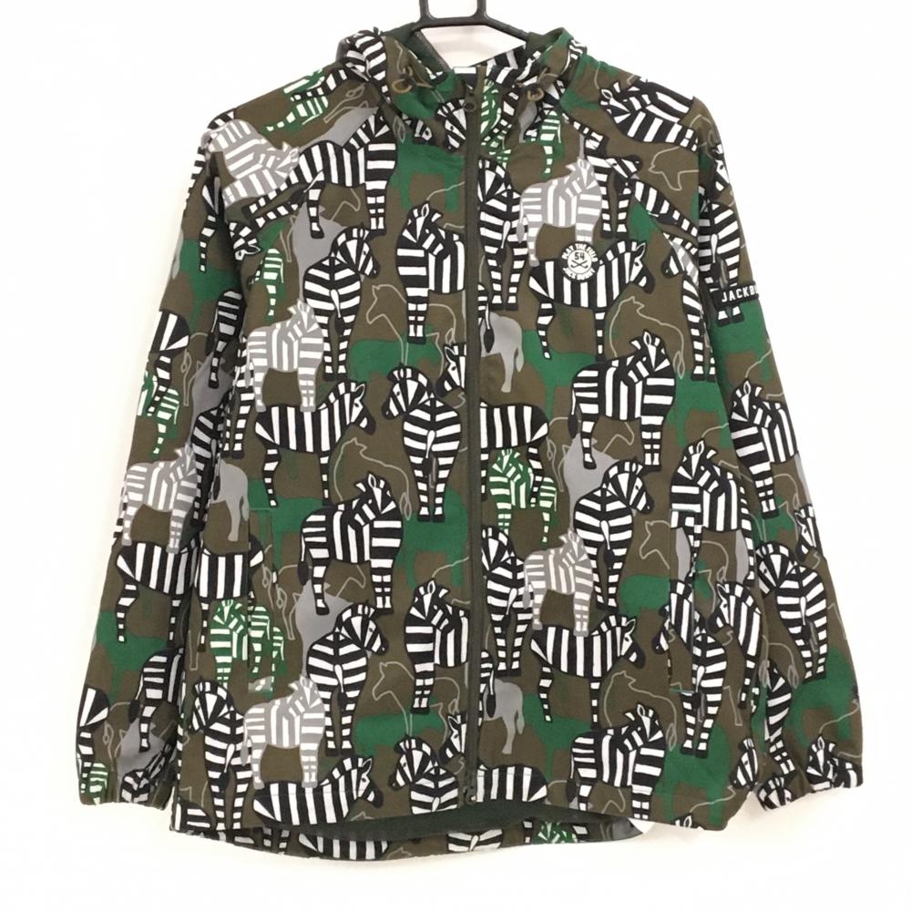 【美品】ジャックバニー ジップパーカー カーキ×白×黒 シマウマ柄 ロゴワッペン 裏地メッシュ レディース 1(M) ゴルフウェア Jack Bunny
