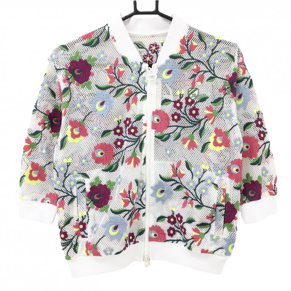 【新品】ジャックバニー メッシュジャケット 白×マルチカラー 花柄 七分袖 ブルゾン レディース 0(S) ゴルフウェア Jack Bunny
