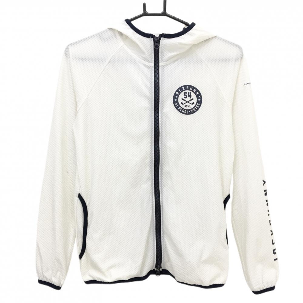 【美品】ジャックバニー ジップパーカー 白×ネイビー 凹凸生地 薄手 ジャケット 袖汚れ レディース 0(S) ゴルフウェア Jack Bunny