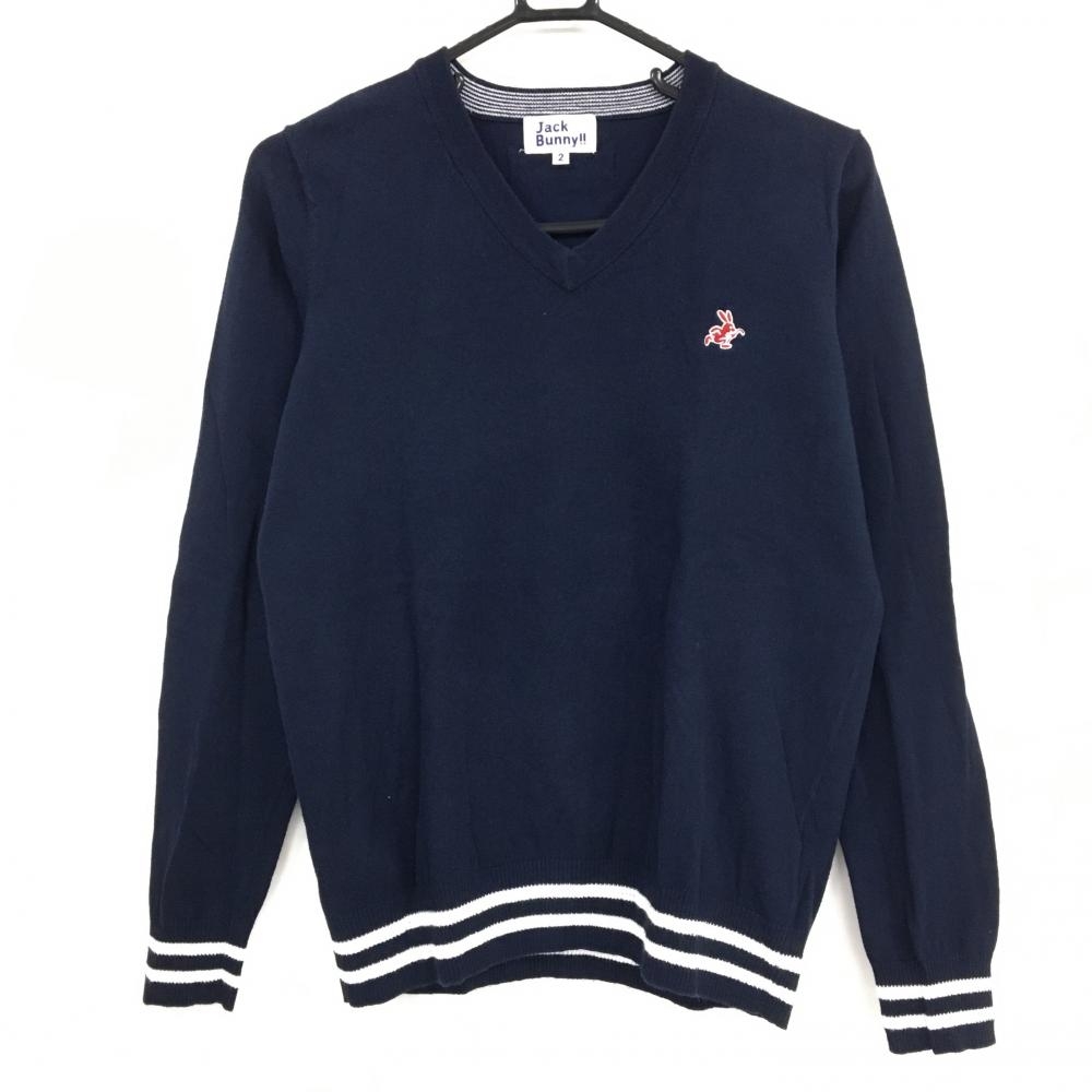 ジャックバニー セーター ネイビー ウサギ刺しゅう Vネック ニット レディース 2(L) ゴルフウェア Jack Bunny