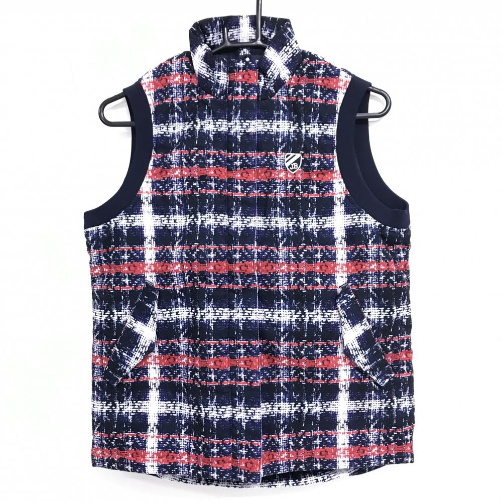 【新品】ジャックバニー 中綿ベスト ネイビー×レッド×白 総柄 袖口リブ レディース 2(L) ゴルフウェア Jack Bunny