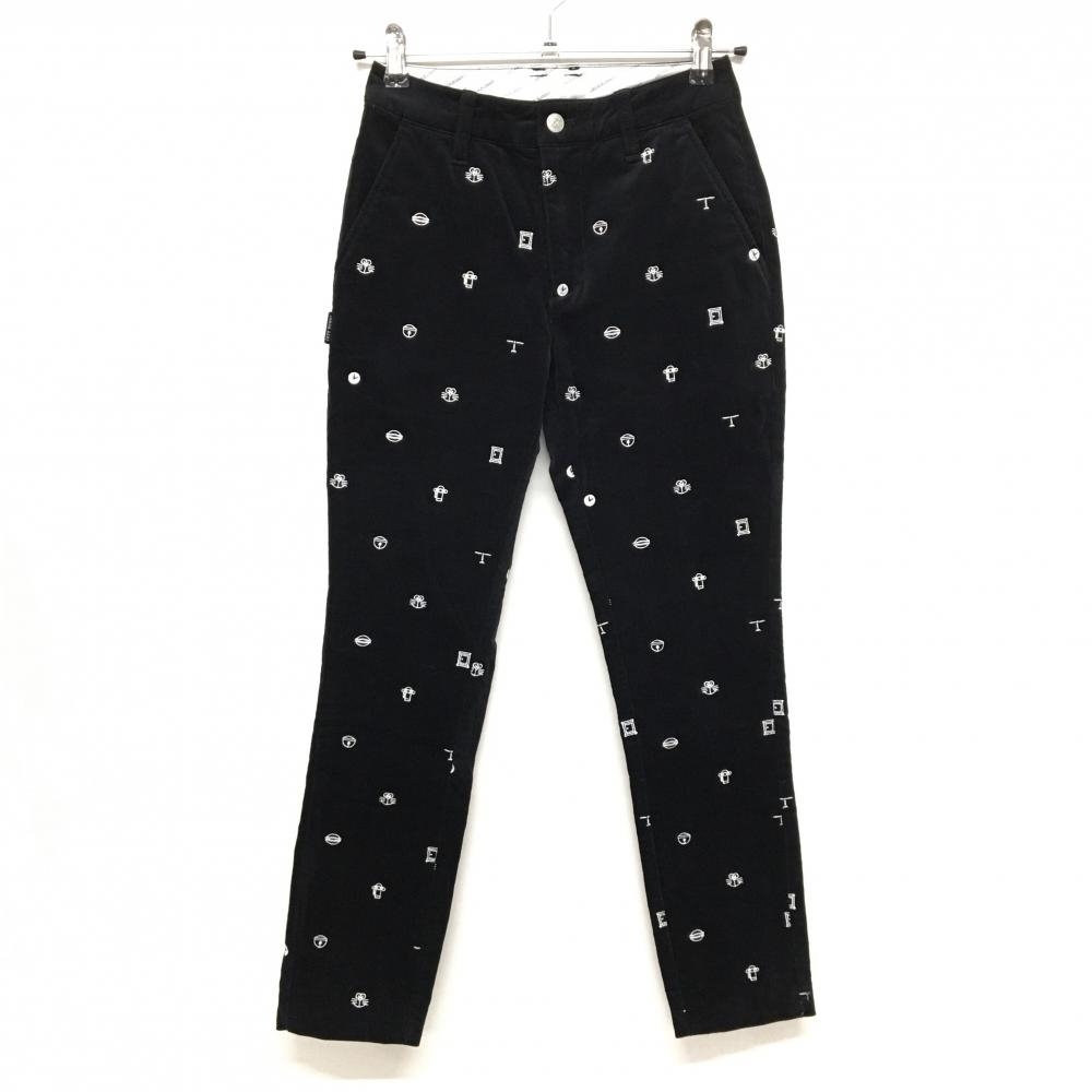 【美品】ジャックバニー×ドラえもん コーデュロイパンツ 黒×白 刺しゅう総柄 ストレッチ  レディース 0(S) ゴルフウェア Jack Bunny