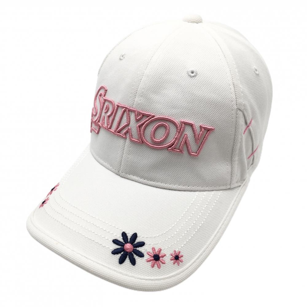 【美品】スリクソン キャップ 白×ピンク 立体ロゴ刺 つば花刺しゅう レディース 54-58cm ゴルフウェア SRIXON