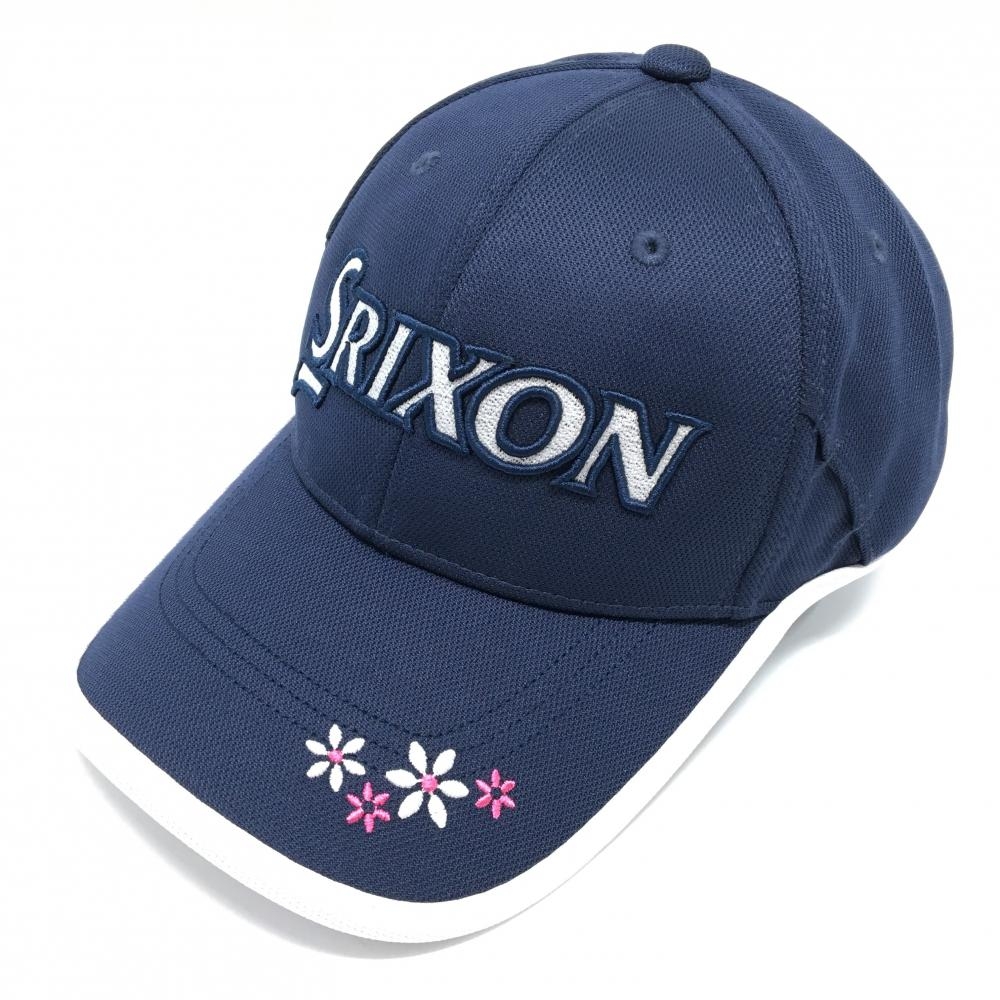 【美品】スリクソン キャップ ネイビー×白 花刺しゅう レディース フリーサイズ(54-58cm) ゴルフウェア SRIXON