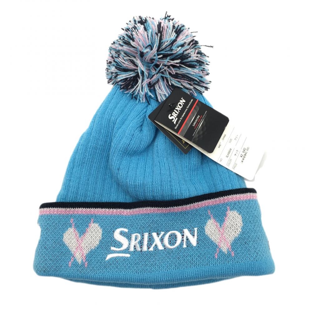 【新品】スリクソン ニット帽 ライトブルー×白 一部ハート柄 アクリル100％ ボンボン付 レディース  ゴルフウェア SRIXON 画像