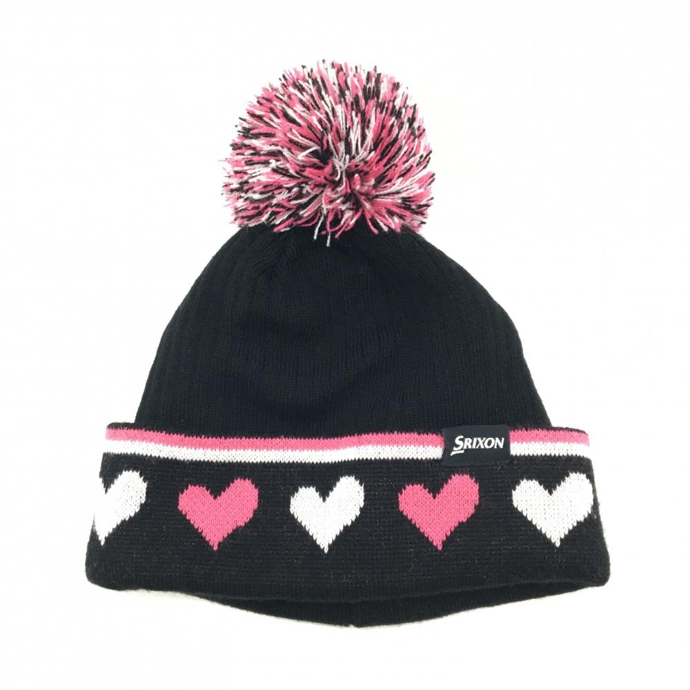 【超美品】スリクソン ニット帽 黒×ピンク ボンボン付き ハート レディース  ゴルフウェア SRIXON