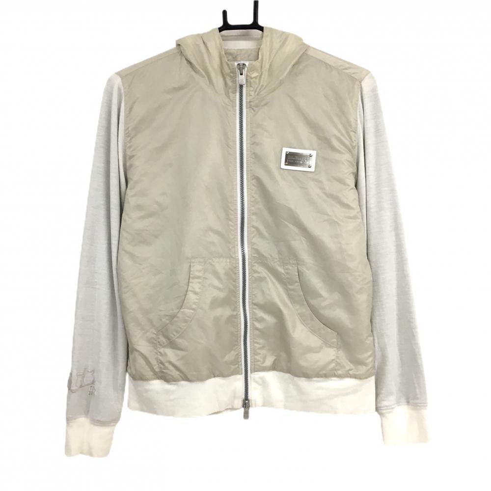 【美品】ゾーイ フード付き中綿ジャケット グレージュ×オフホワイト 胸元ロゴ   レディース 40(L) ゴルフウェア ZOY
