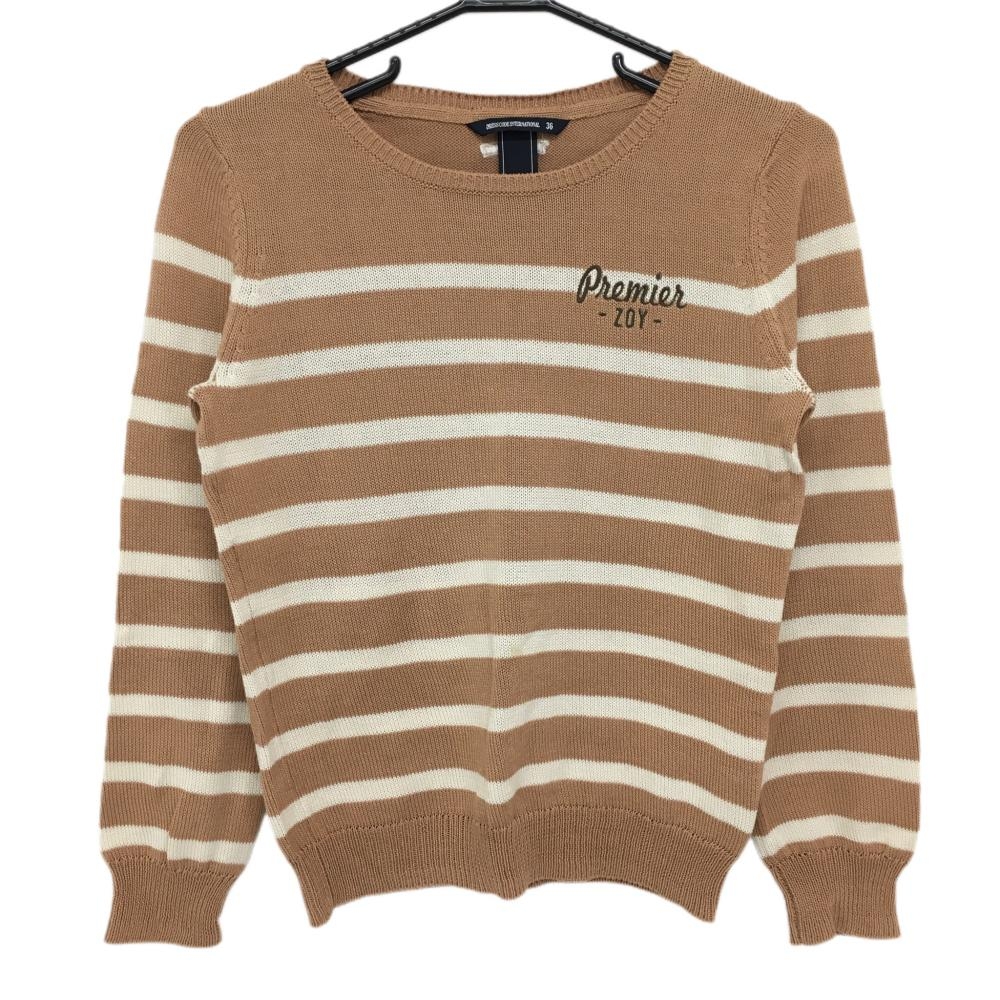 ゾーイ 長袖クルーネックセーター ライトブラウン×アイボリー ボーダー ニット コットン100％  レディース 36(S) ゴルフウェア ZOY