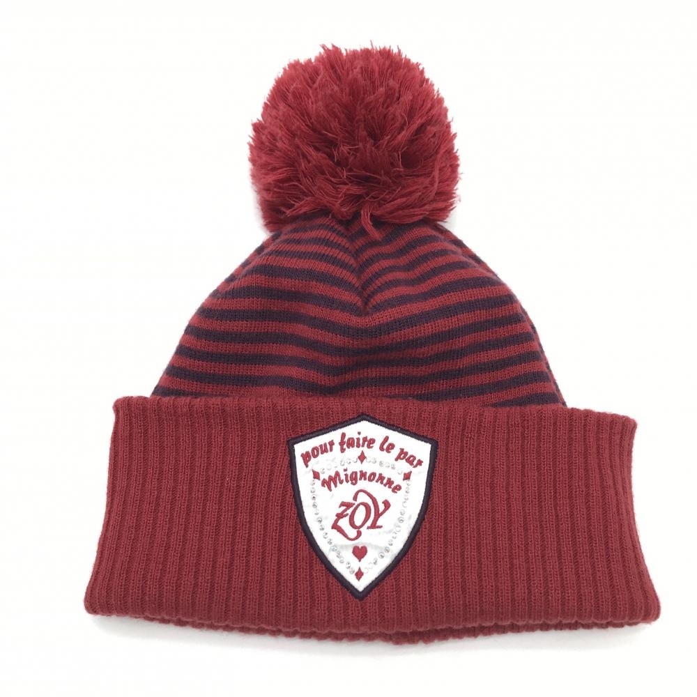 【美品】ゾーイ ニット帽 レッド×ダークパープル系 ボーダー ウール混 ボンボン付 レディース F ゴルフウェア ZOY