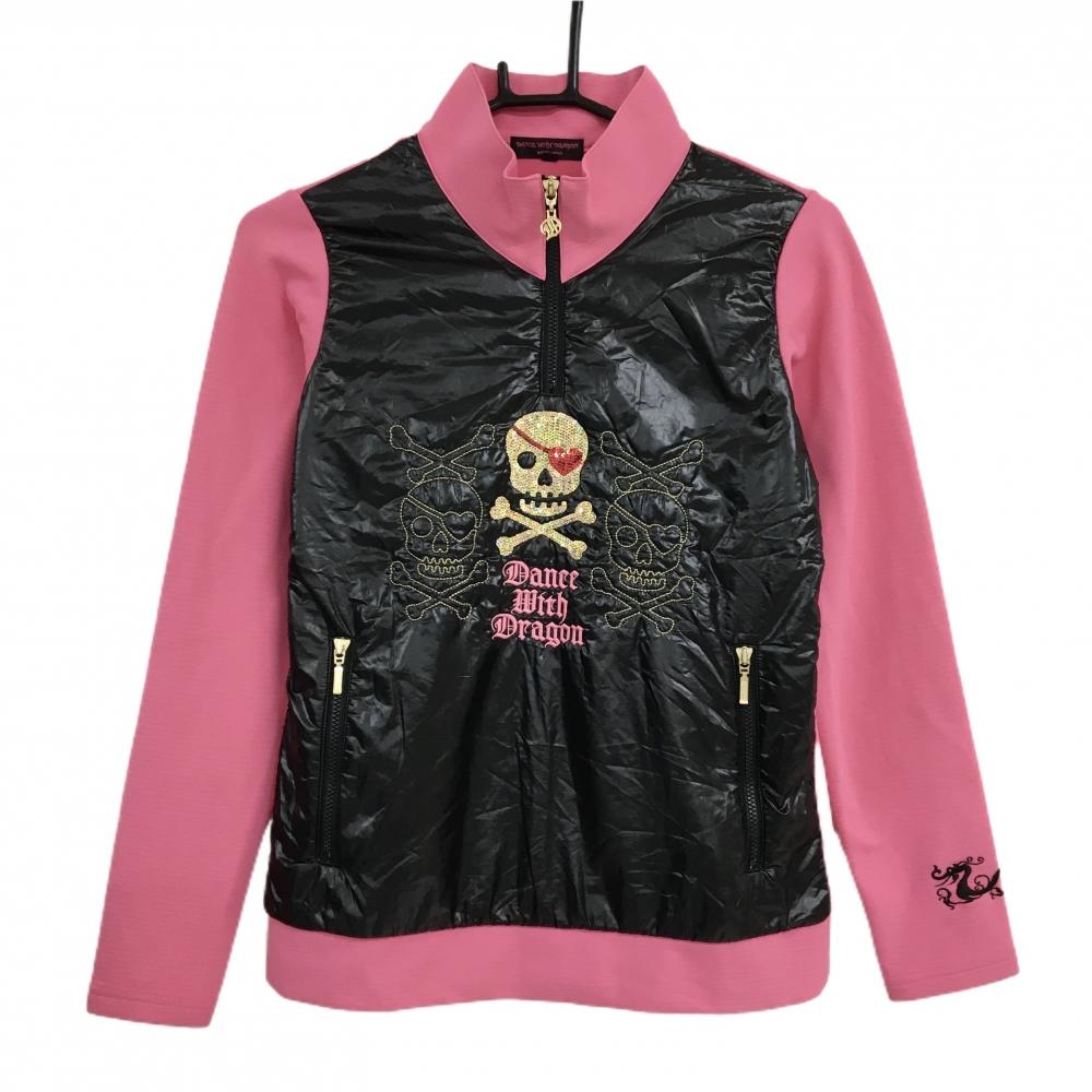 【美品】ダンスウィズドラゴン 切替中綿ブルゾン 黒×ピンク 前身頃中綿 裏微起毛 レディース 2(M) ゴルフウェア Dance With Dragon