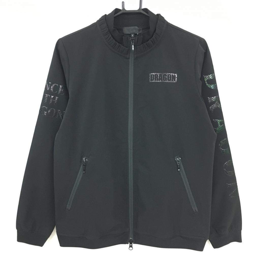 【新品】ダンスウィズドラゴン ジャケットブルゾン 黒 袖ロゴ レイヤード風 ストレッチ レディース 2(M) ゴルフウェア Dance With Dragon