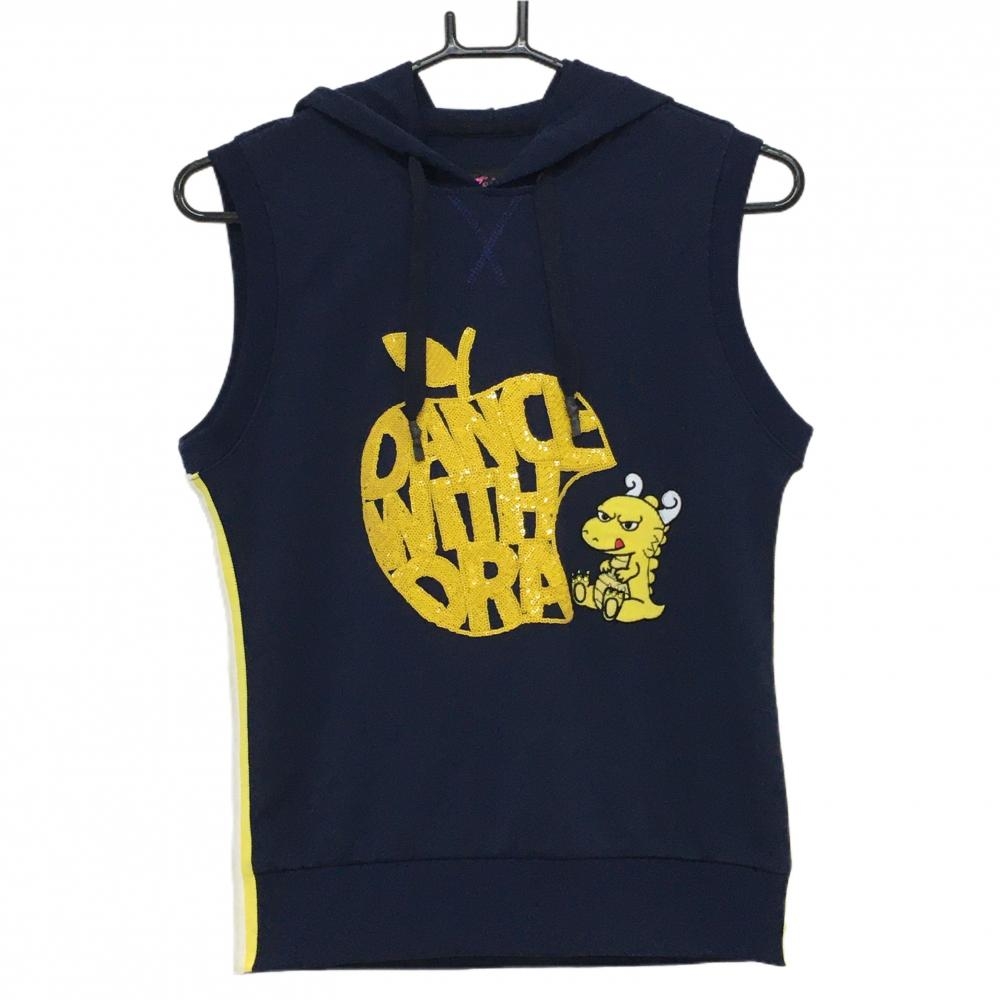 【超美品】ダンスウィズドラゴン フード付アウターベスト ネイビー×イエロー チビドラ レディース 2(M) ゴルフウェア Dance With Dragon