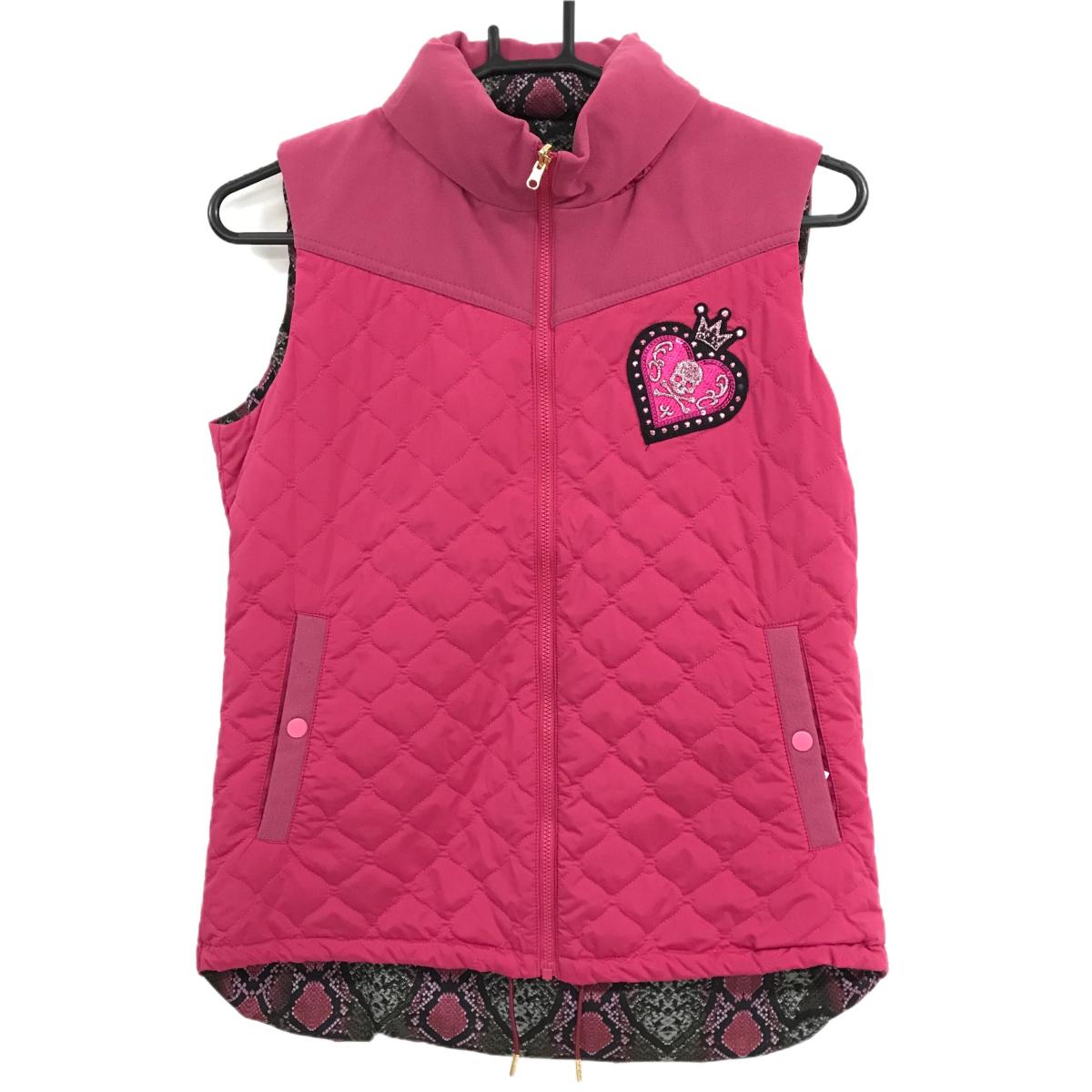 【美品】ダンスウィズドラゴン 中綿リバーシブルベスト ピンク キルティング  レディース 2(M) ゴルフウェア Dance With Dragon