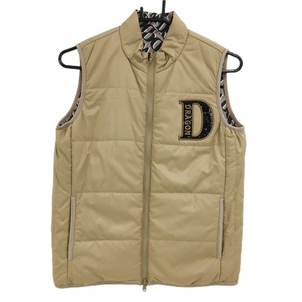 【新品】ダンスウィズドラゴン 中綿リバーシブルベスト ベージュ×黒 裏英字総柄 レディース 3(L) ゴルフウェア Dance With Dragon
