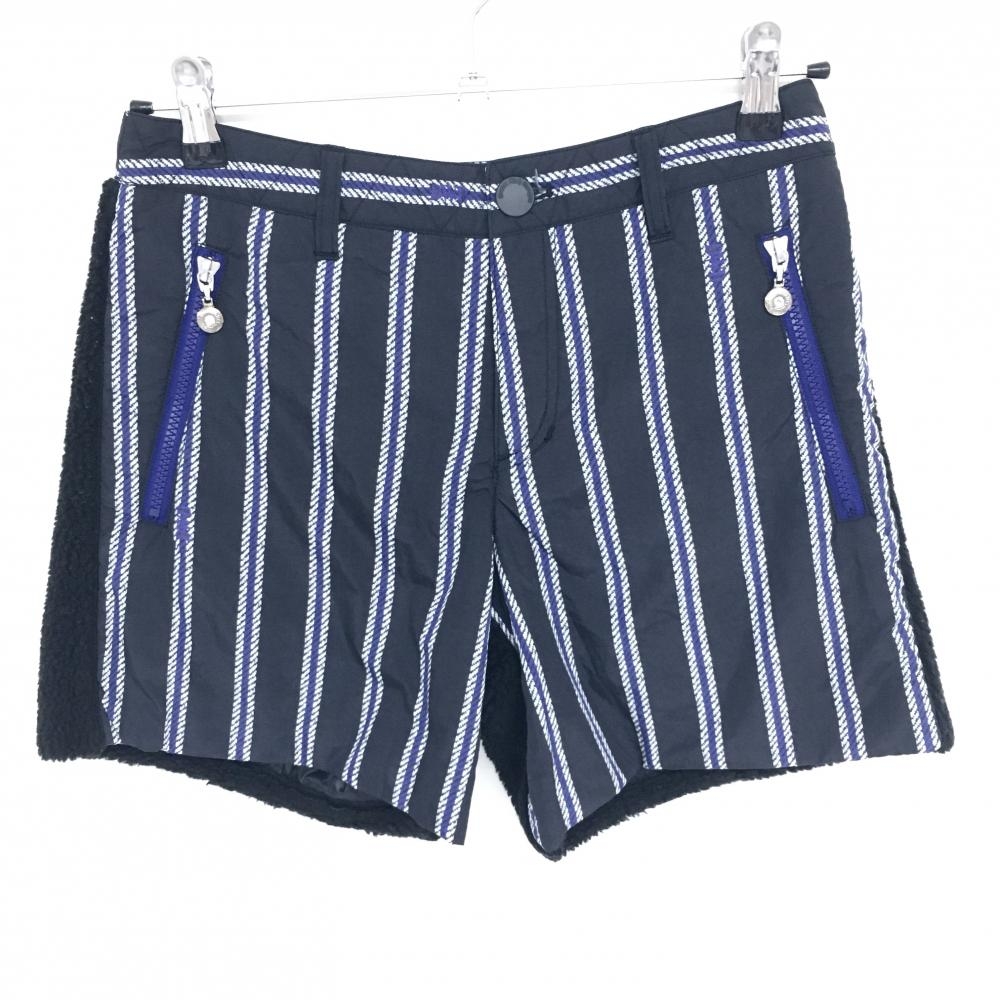 【美品】ダンスウィズドラゴン 中綿ショートパンツ 黒×ブルー ストライプ ボア レディース 2(M) ゴルフウェア Dance With Dragon