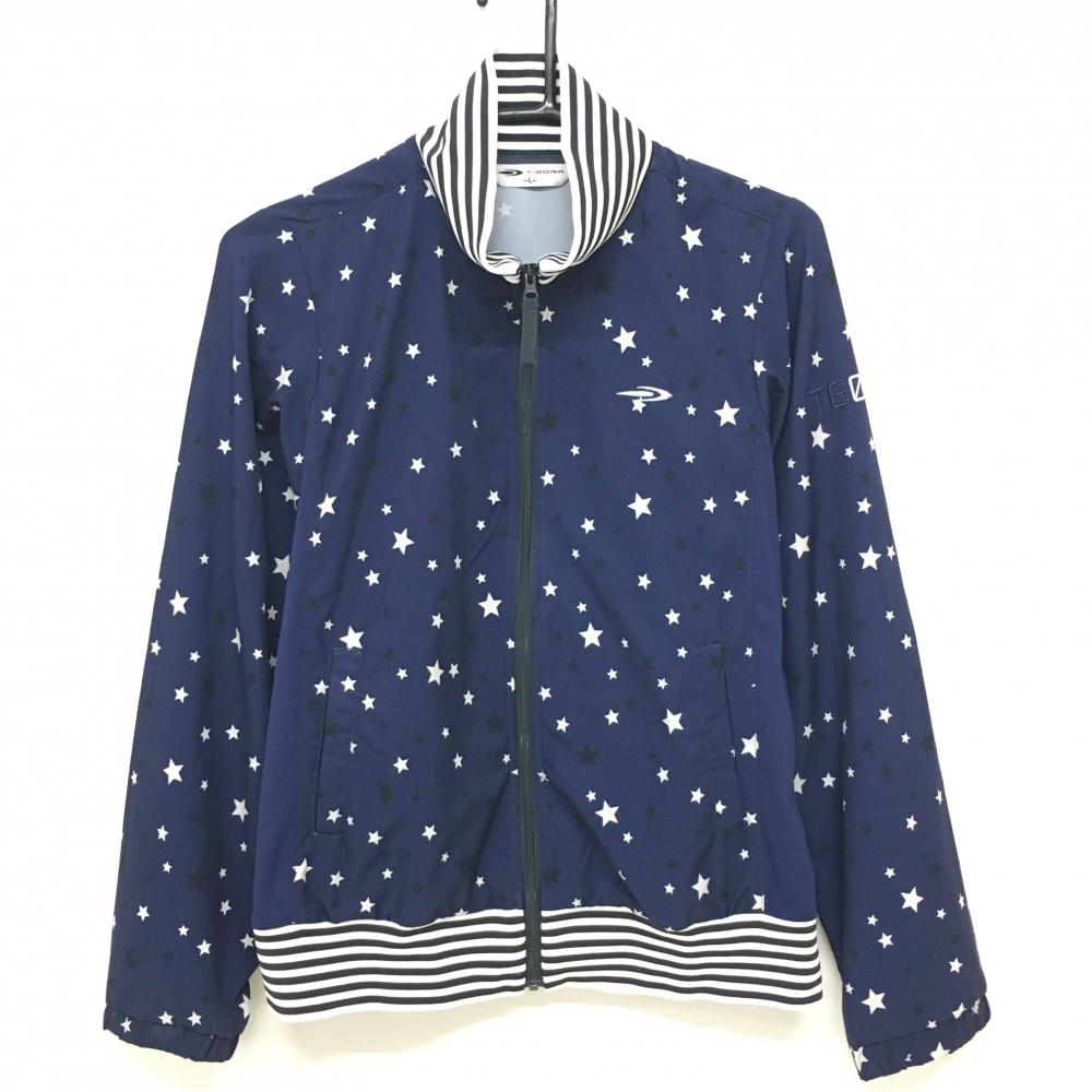 ティゴラ ジャケットブルゾン ネイビー×白 星総柄 ネック・裾ボーダー レディース L ゴルフウェア TIGORA