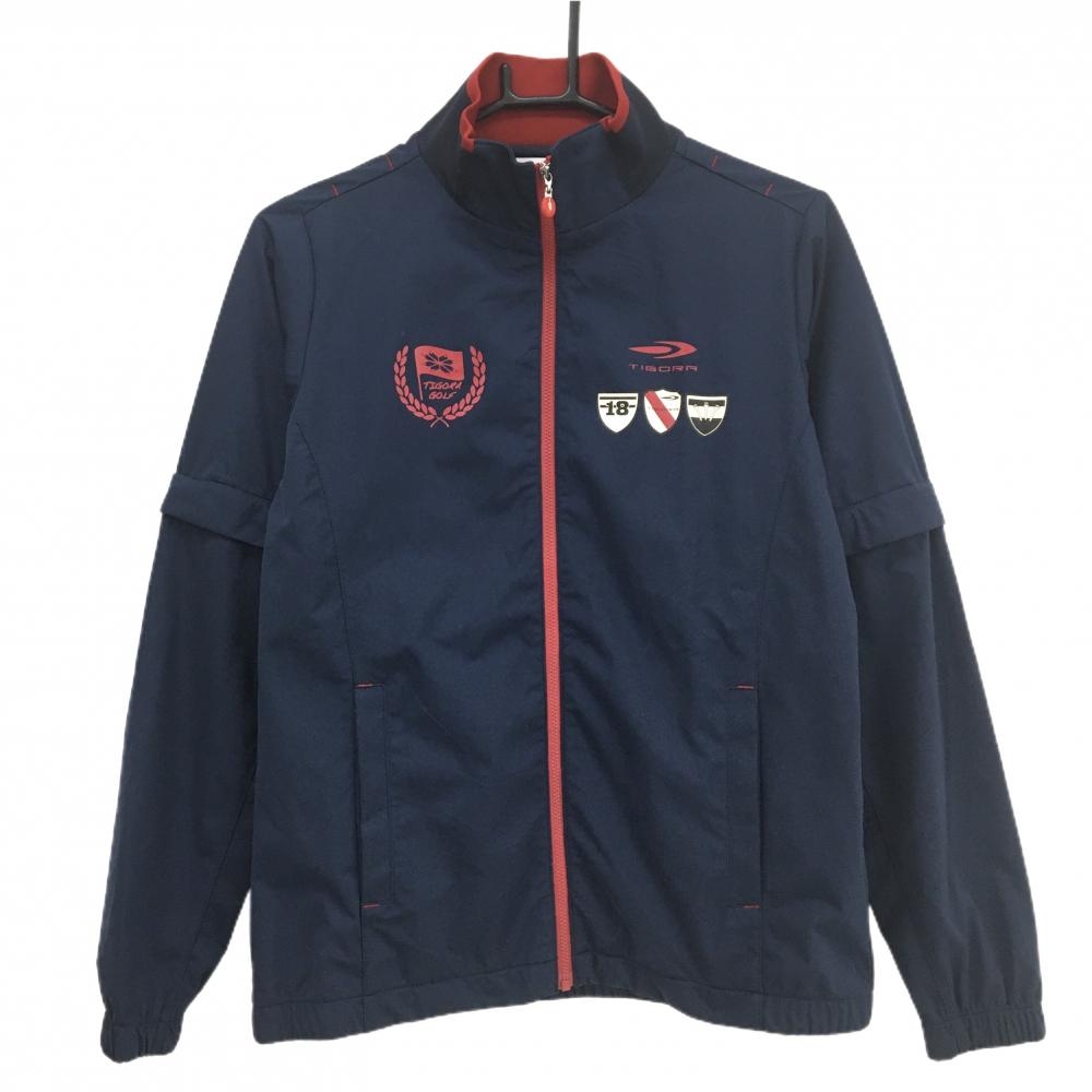 【美品】ティゴラ ジャケット ネイビー×レッド 2WAY袖着脱可 ロゴプリント レディース M ゴルフウェア TIGORA