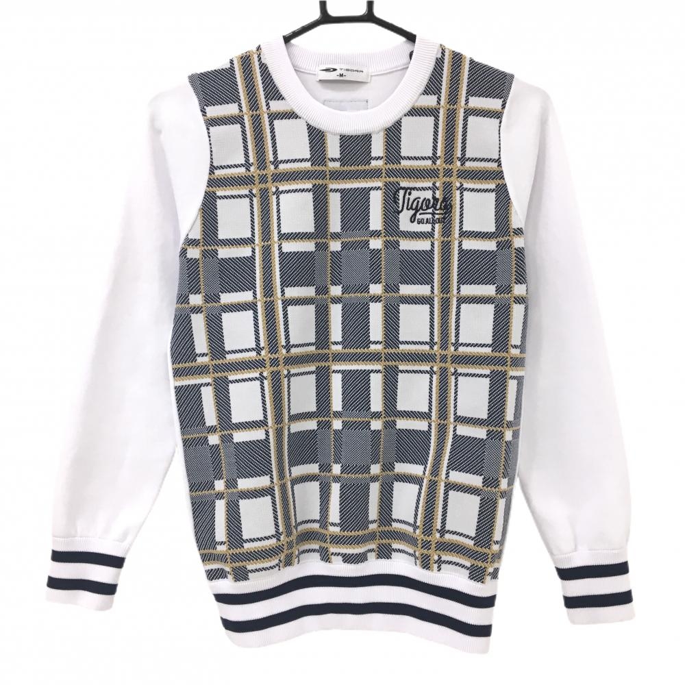 ティゴラ セーター 白×ネイビー×マスタードイエロー系 前身頃チェック ニット レディース M ゴルフウェア TIGORA