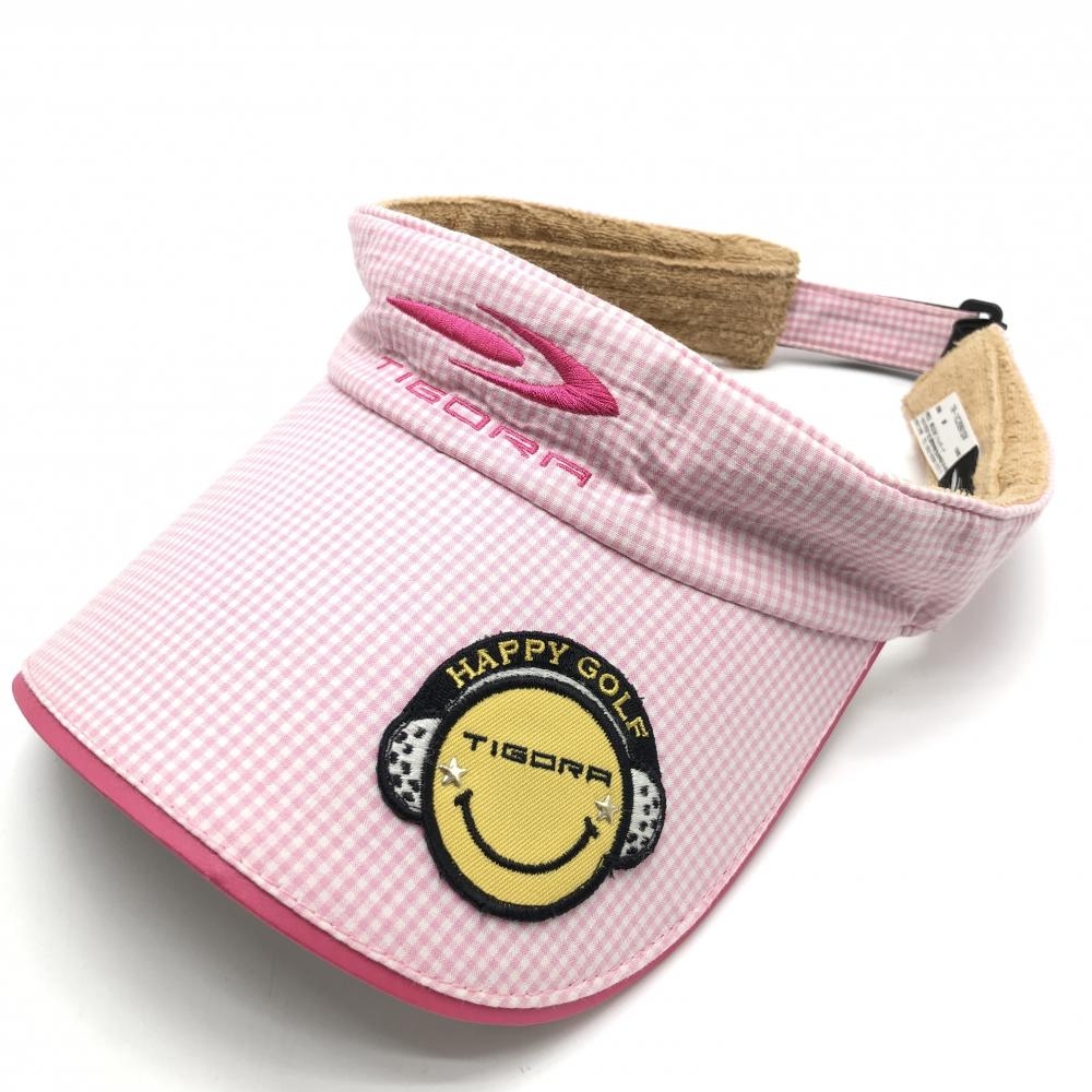【美品】ティゴラ サンバイザー ピンク×白 ギンガムチェック スマイルワッペン レディース  ゴルフウェア TIGORA
