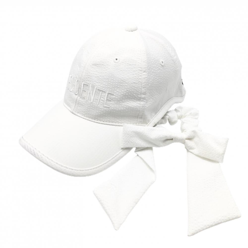 【美品】デサントゴルフ キャップ 白 リボンシュシュ付 サッカー生地 レディース F(55㎝-57㎝) ゴルフウェア DESCENTE