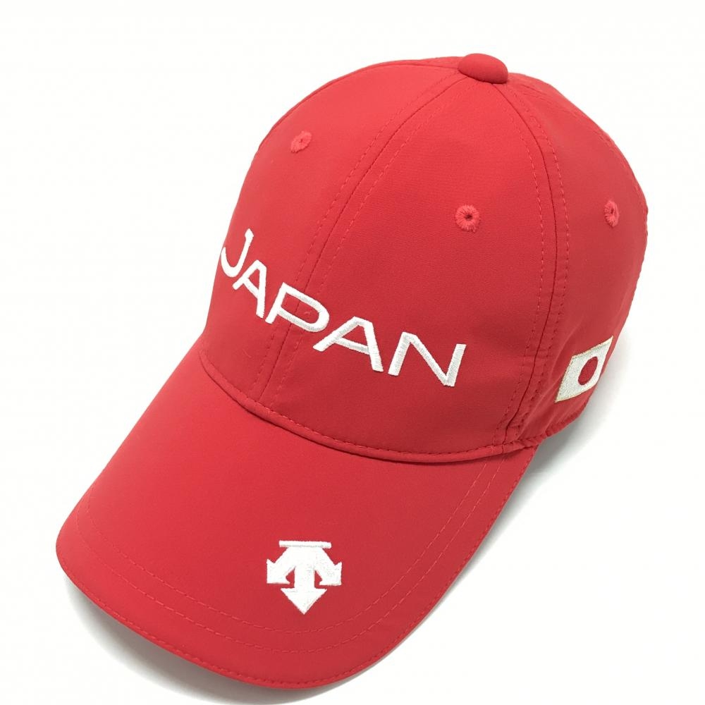【美品】デサントゴルフ キャップ レッド×白 ロゴ刺しゅう JAPAN 中田英寿  レディース F(55㎝-57㎝) ゴルフウェア DESCENTE