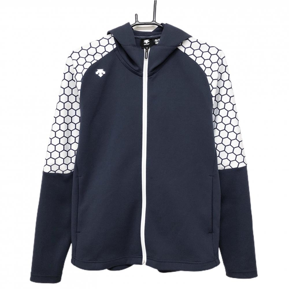 【美品】デサントゴルフ ジップパーカー ネイビー×白 袖一部ヘキサゴン 中田英寿 レディース M ゴルフウェア DESCENTE