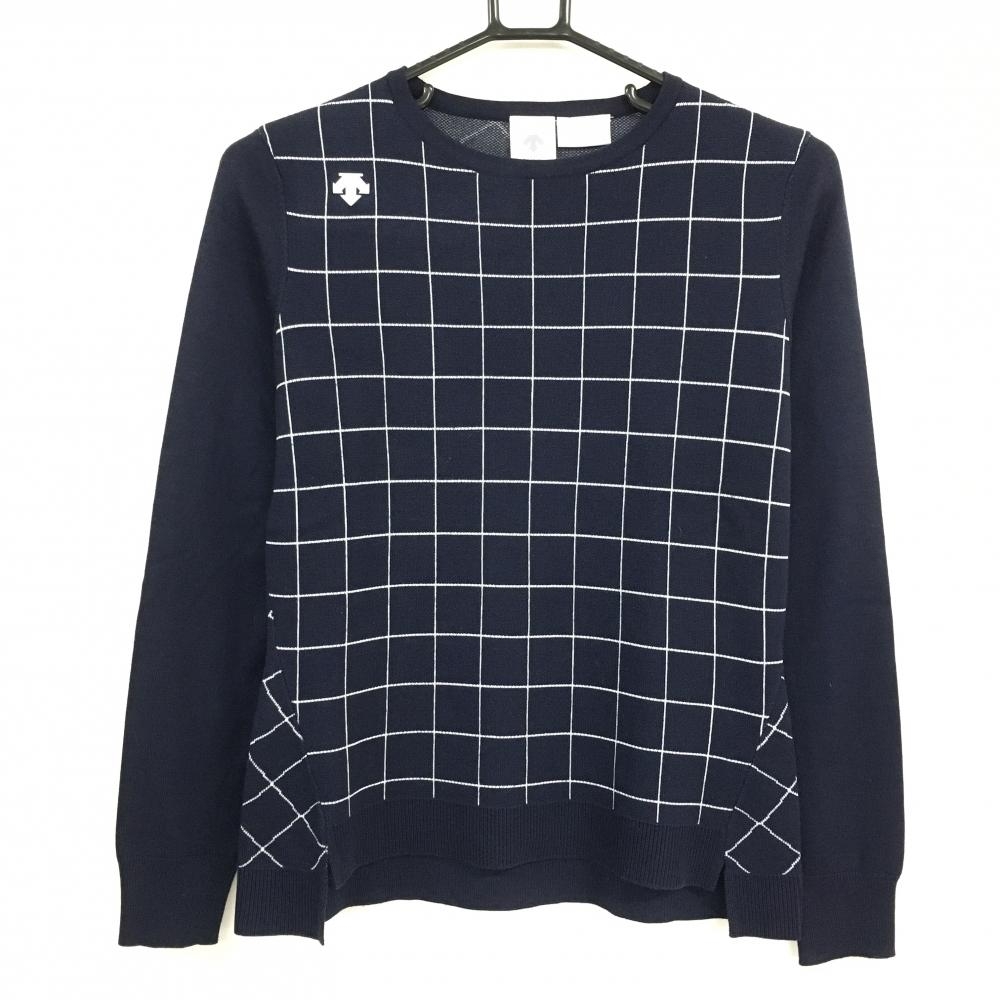【超美品】デサントゴルフ セーター ネイビー×白 前身頃格子柄 ニット 中田英寿 レディース M ゴルフウェア DESCENTE