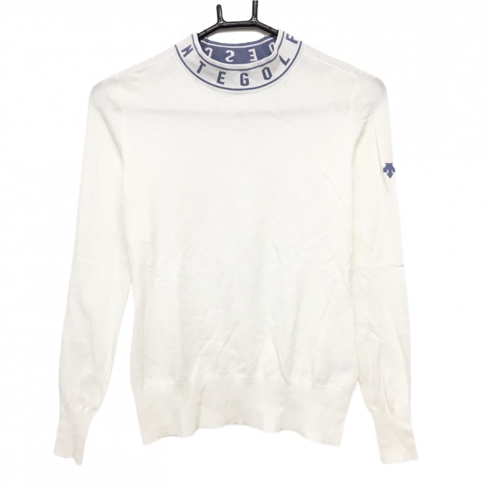 デサントゴルフ ハイネックセーター 白×スモーキーブルー系 ネックロゴ 薄手 中田英寿 レディース S ゴルフウェア DESCENTE