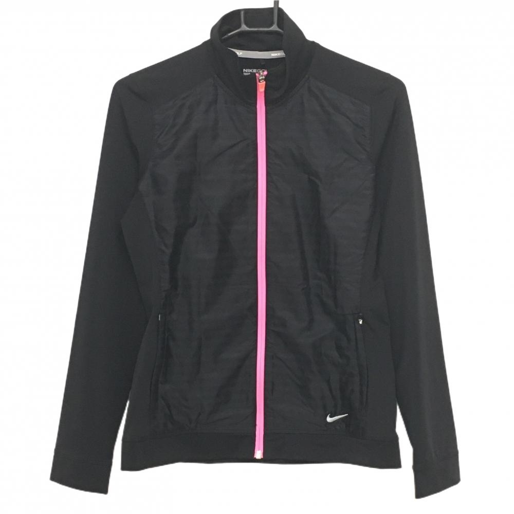 【超美品】ナイキ 異素材ジャケット 黒 ジップピンク 身頃ボーダー地模様 ロゴ刺しゅう レディース M ゴルフウェア NIKE