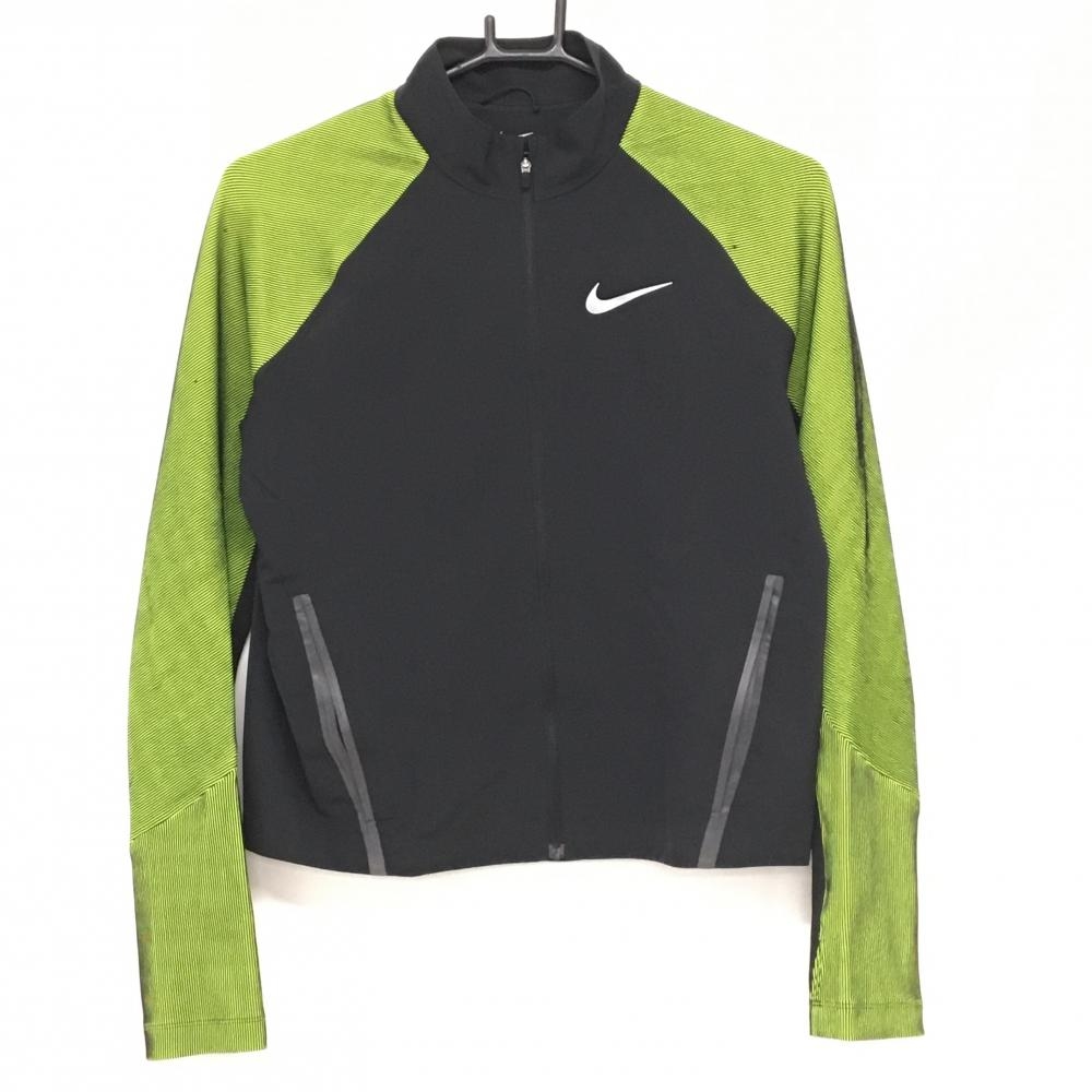 【美品】ナイキ ジャケットブルゾン 黒×ライトグリーン 袖斜めストライプ地模様 ロゴプリント  レディース M ゴルフウェア NIKE