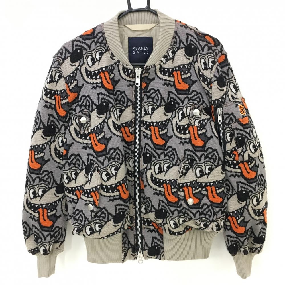 【美品】パーリーゲイツ 中綿ニットジャケット グレー×ベージュ 総柄 オオカミ ウルフ  レディース 0(S) ゴルフウェア PEARLY GATES