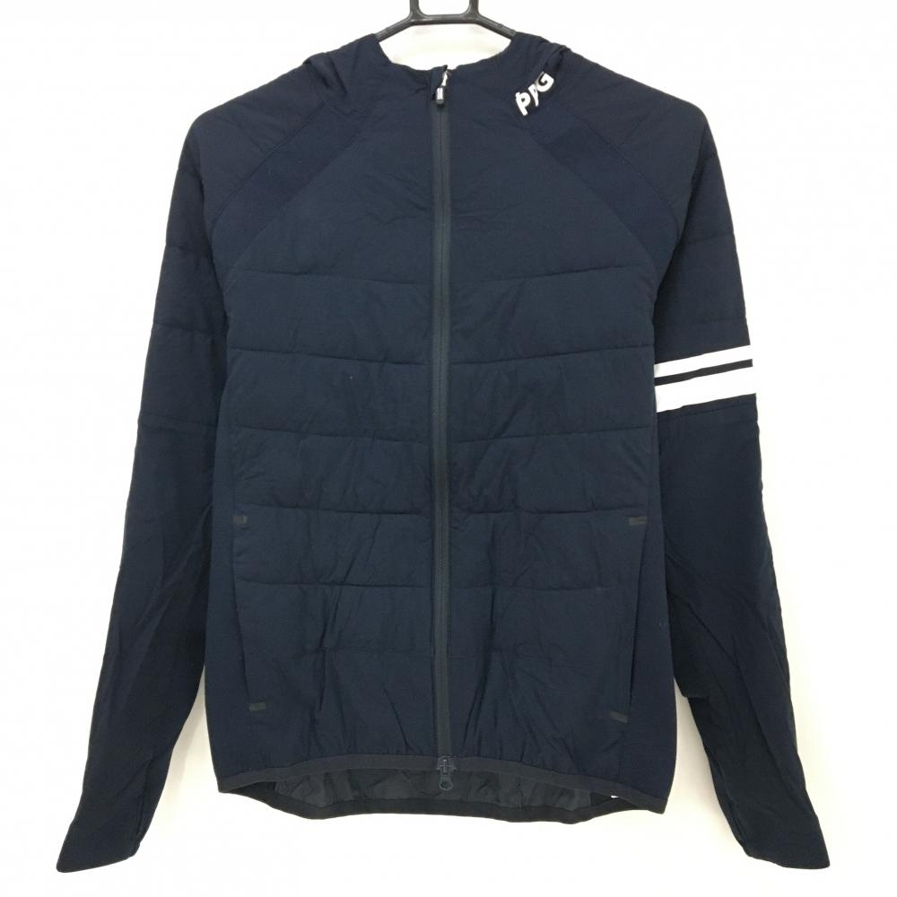 【美品】パーリーゲイツ フード付切替中綿ジャケット ネイビー×白 一部中綿 袖ライン レディース 2(L) ゴルフウェア PEARLY GATES