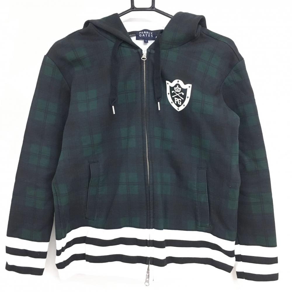 パーリーゲイツ ジップパーカー ダークグリーン×黒 チェック 一部ボーダー ジャケット  レディース 1(M) ゴルフウェア PEARLY GATES