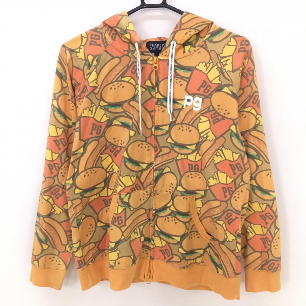 【美品】パーリーゲイツ ジップパーカー オレンジ×レッド ハンバーガー柄 ポテト柄 レディース 1(M) ゴルフウェア PEARLY GATES