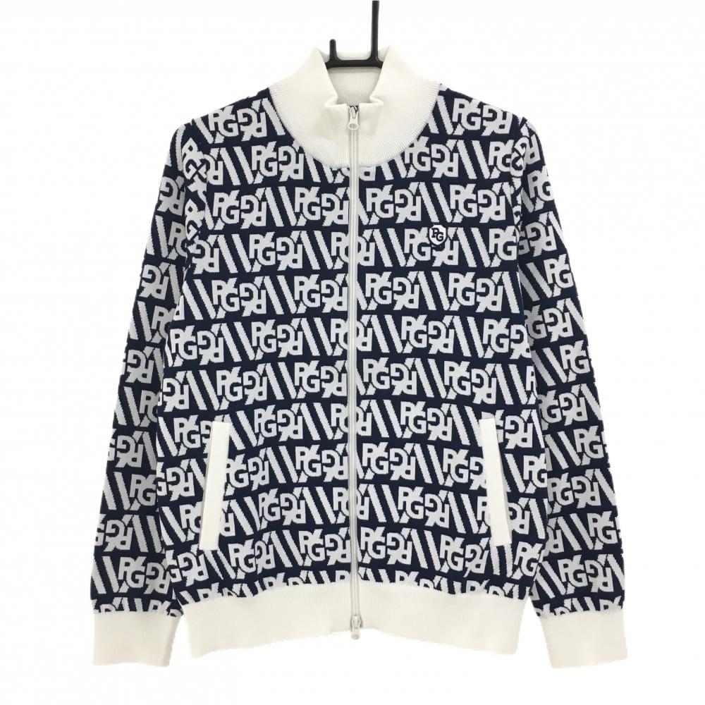 【新品】パーリーゲイツ ニットジャケット 白×ネイビー ロゴ総柄 コットン混 レディース 2(L) ゴルフウェア PEARLY GATES