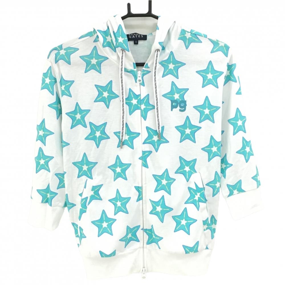 【美品】パーリーゲイツ ジップパーカー 白×ライトブルー 星柄 半端袖 ジャケット レディース 0(S) ゴルフウェア PEARLY GATES