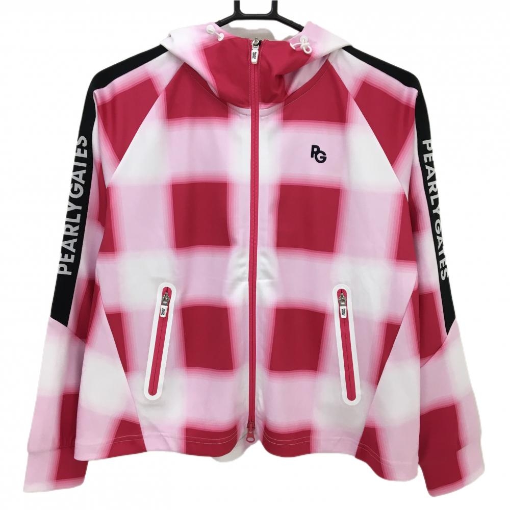 【新品】パーリーゲイツ ジップパーカー ピンク×レッド系 チェック 袖ロゴライン レディース 0(S) ゴルフウェア PEARLY GATES