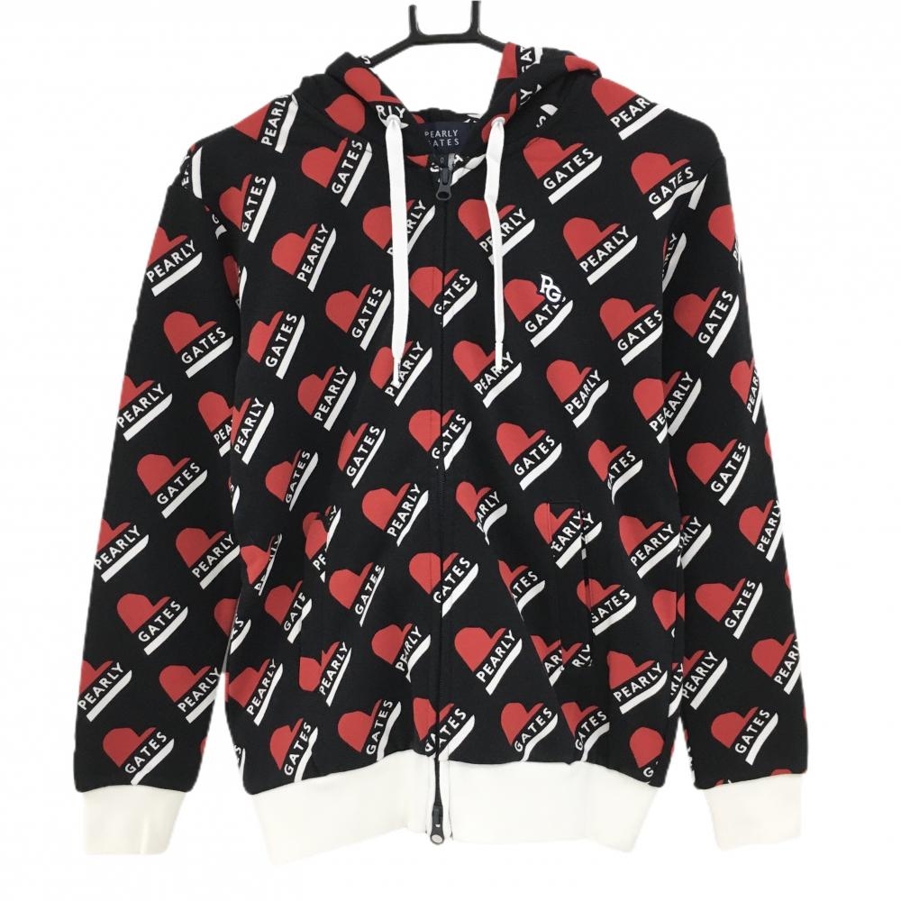 【新品】パーリーゲイツ ジップパーカー 黒×レッド ハートロゴ総柄 胸元刺しゅう レディース 0(S) ゴルフウェア PEARLY GATES