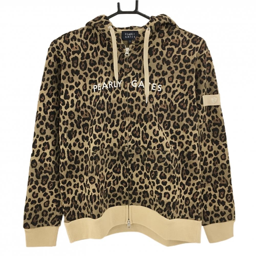 【新品】パーリーゲイツ ジップパーカー ライトブラウン×ブラウン レオパード ロゴ刺しゅう レディース 0(S) ゴルフウェア PEARLY GATES