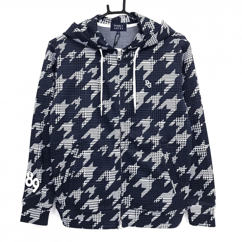 【新品】パーリーゲイツ ジップパーカー ネイビー×白 千鳥柄 ロゴ刺しゅう レディース 0(S) ゴルフウェア PEARLY GATES