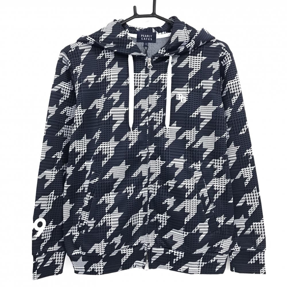 【新品】パーリーゲイツ ジップパーカー ネイビー×白 千鳥柄 ロゴ刺しゅう レディース 0(S) ゴルフウェア PEARLY GATES