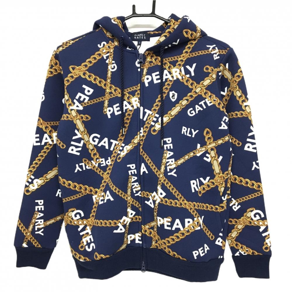 【新品】パーリーゲイツ ジップパーカー ネイビー×ゴールド チェーン柄 ロゴ刺しゅう レディース 0(S) ゴルフウェア PEARLY GATES