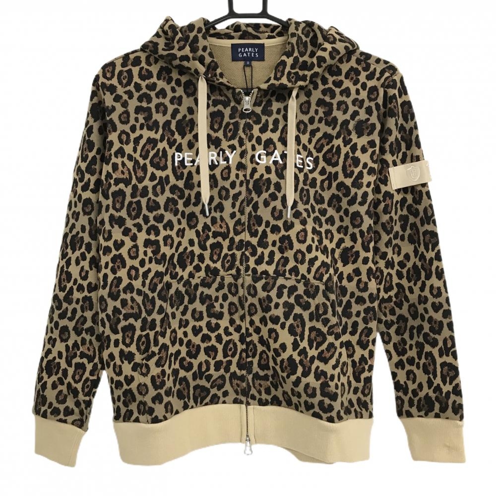 【新品】パーリーゲイツ ジップパーカー ベージュ×黒 レオパード ロゴ刺しゅう レディース 0(S) ゴルフウェア PEARLY GATES