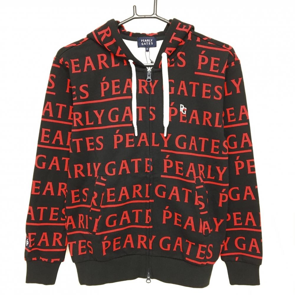 【新品】パーリーゲイツ ジップパーカー 黒×レッド ロゴ総柄 刺しゅう白 レディース 0(S) ゴルフウェア PEARLY GATES