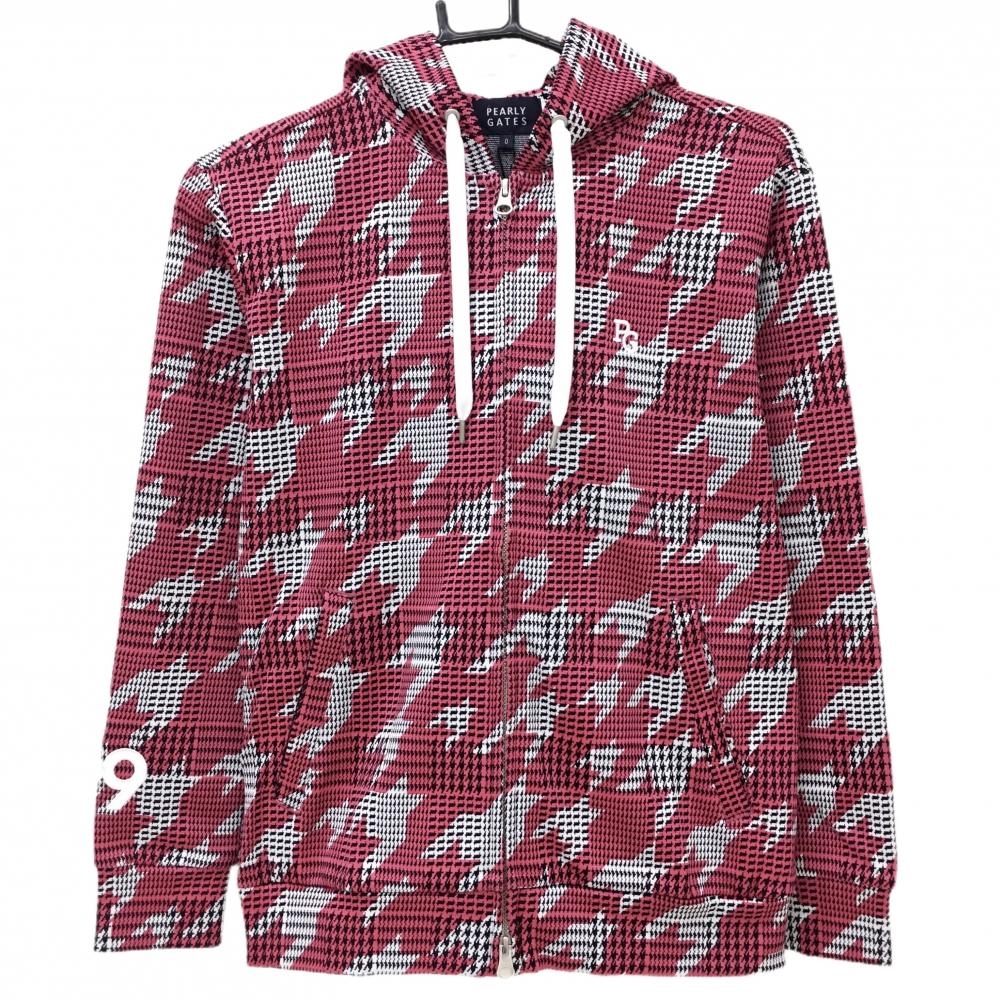 【新品】パーリーゲイツ ジップパーカー 白×ピンク 千鳥柄 後ろ裾ロゴ レディース 0(S) ゴルフウェア PEARLY GATES