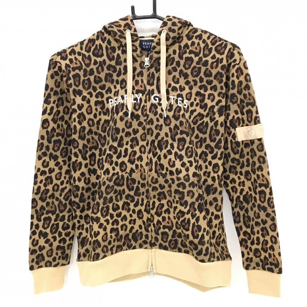 【新品】パーリーゲイツ ジップパーカー ライトブラウン×黒 レオパード ロゴ刺しゅう レディース 0(S) ゴルフウェア PEARLY GATES