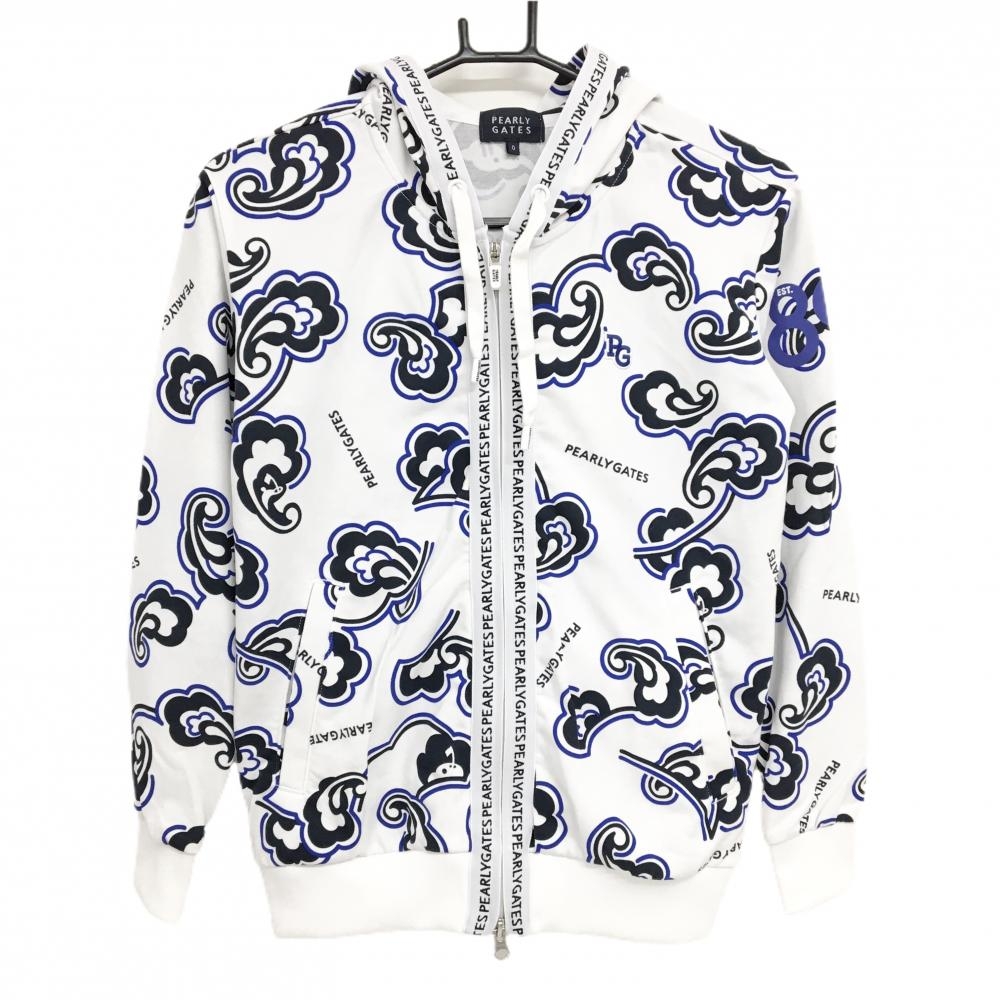 【美品】パーリーゲイツ ジップパーカー 白×ブルー 総柄 ジップロゴ ブルゾン  レディース 0(S) ゴルフウェア PEARLY GATES