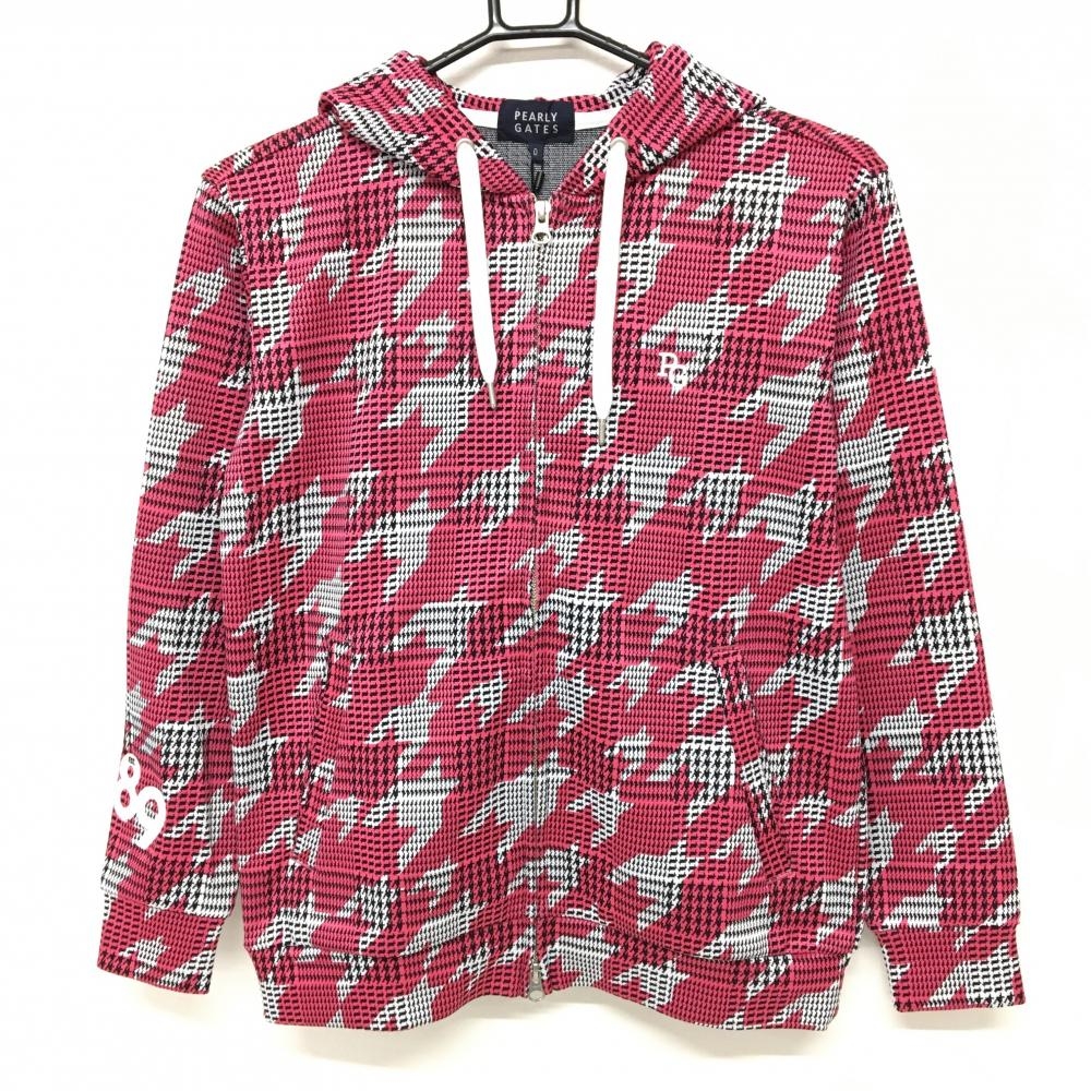 【新品】パーリーゲイツ ジップパーカー グレー×レッドピンク 千鳥柄 ブルゾン レディース 0(S) ゴルフウェア PEARLY GATES