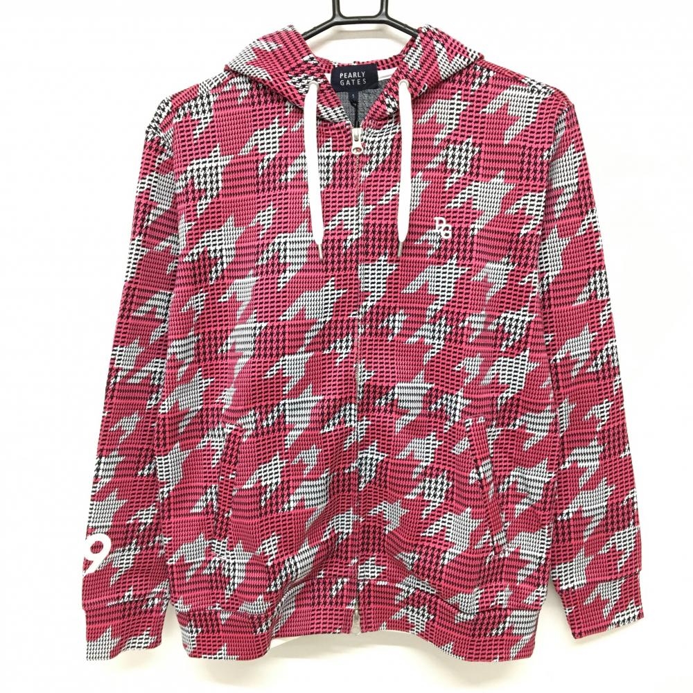 【新品】パーリーゲイツ ジップパーカー グレー×レッドピンク 千鳥柄 ロゴ刺しゅう ブルゾン レディース 1(M) ゴルフウェア PEARLY GATES