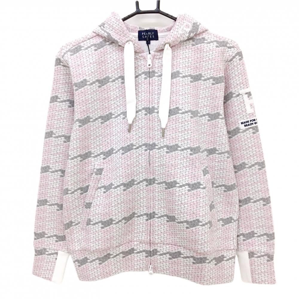【新品】パーリーゲイツ ジップパーカー ピンク×グレー 総柄 ボーダー風 凸凹生地 袖ワッペン レディース 0(S) ゴルフウェア PEARLY GATES